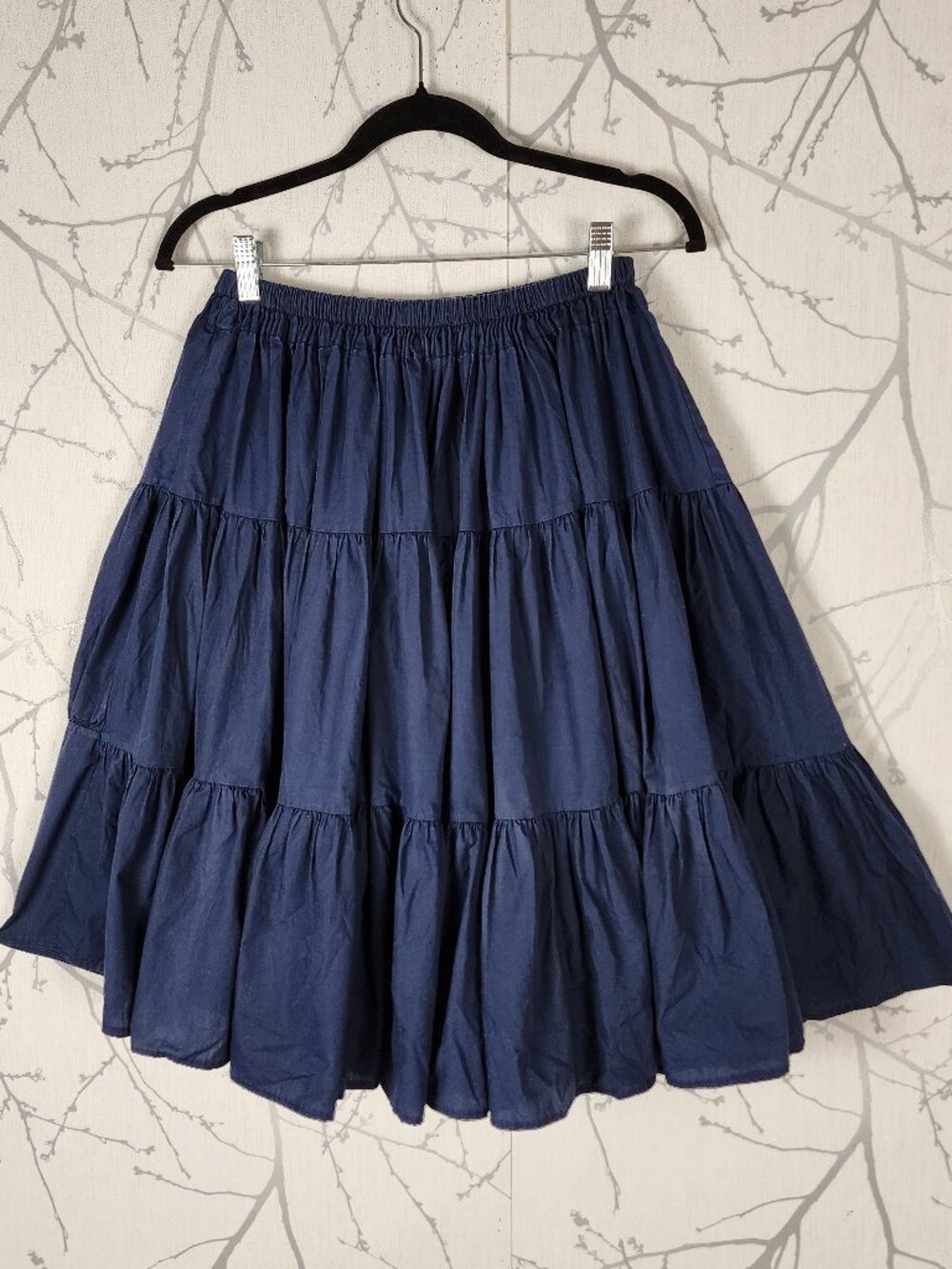Navy Elastic Waist Pull On Tiered Knee Length Skirt